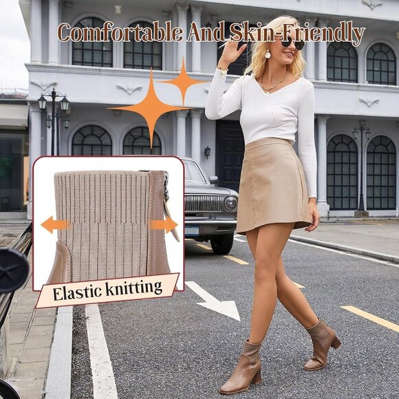 Women's Square Toe Ankle Khaki Boots Low Block Heel Chelsea Mid Calf Booties - Picture 3 of 7